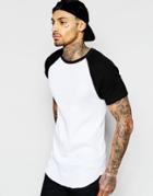 Asos Longline Muscle T-shirt With Contrast Raglan Sleeves In Waffle Fabric In White