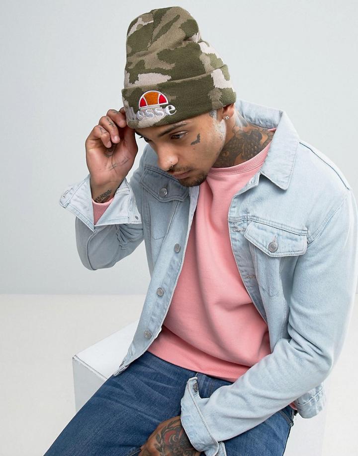 Ellesse Beanie With Script Logo In Camo - Green