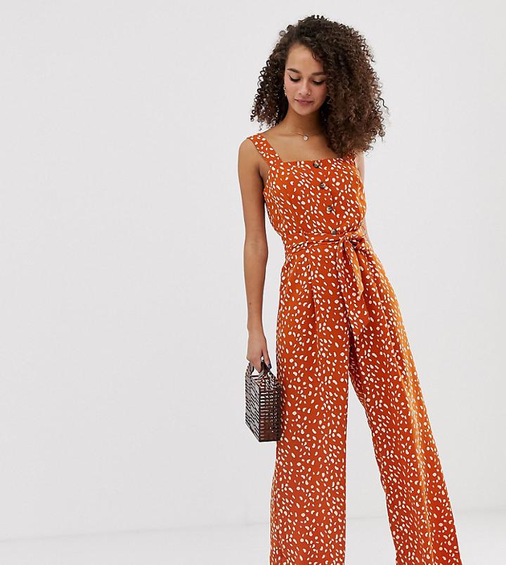 Miss Selfridge Pinny Jumpsuit In Orange Print - Brown