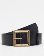 Asos Design Leather Bevelled Square Buckle Hip And Waist Belt In Black