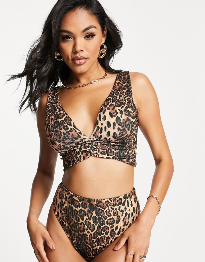 Asos Design Mix And Match Rib Deep Band Ruched Crop Bikini Top In Leopard Print-multi