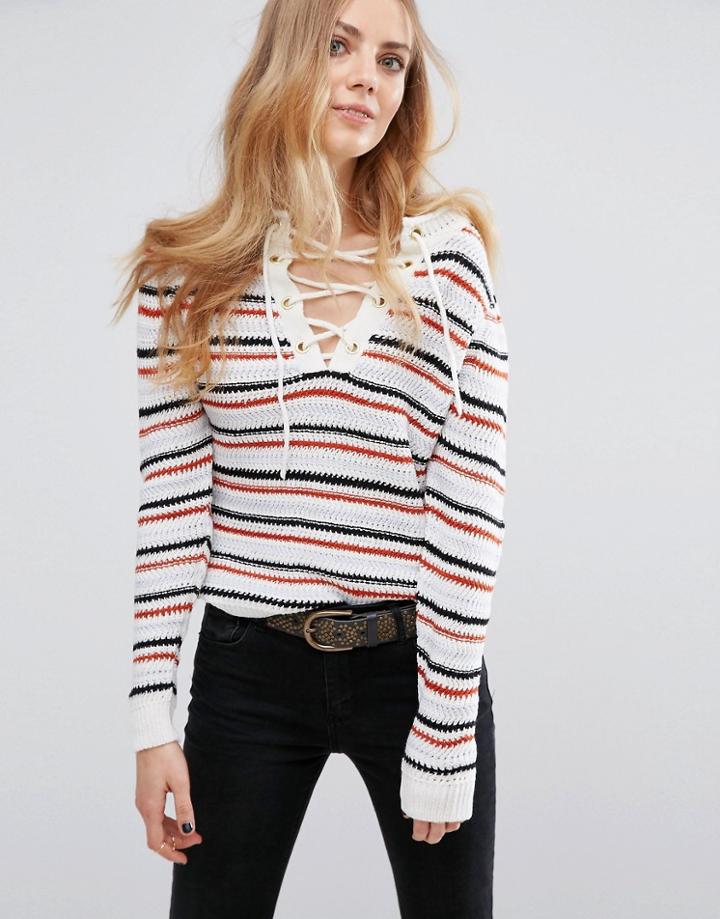 First & I Lace Up Front Sweater - White