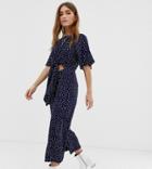 Glamorous Petite Relaxed Jumpsuit With Tie Front In Spaced Polka Dot