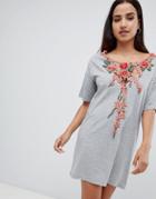 Asos Design T-shirt Dress With Rose Embroidery - Gray