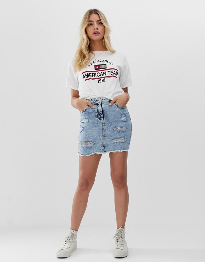Parisian Denim Mini Skirt With Rip Detail In Bleach Wash - Blue