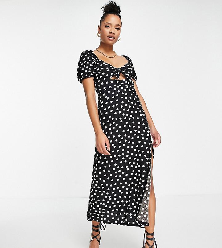 Miss Selfridge Petite Knot Front Midi Dress In Mono Polka Dot-black