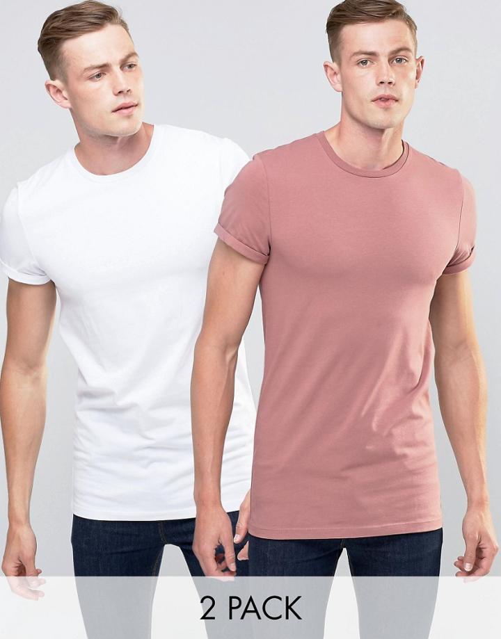 Asos 2 Pack Longline Muscle T-shirt With Roll Sleeve Save 15% In White/pink
