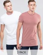 Asos 2 Pack Longline Muscle T-shirt With Roll Sleeve Save 15% In White/pink