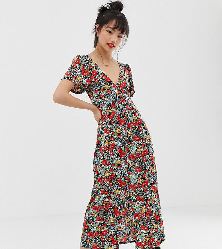 Asos Design Petite Jersey Crepe Maxi Tea Dress With Self Covered Buttons-multi