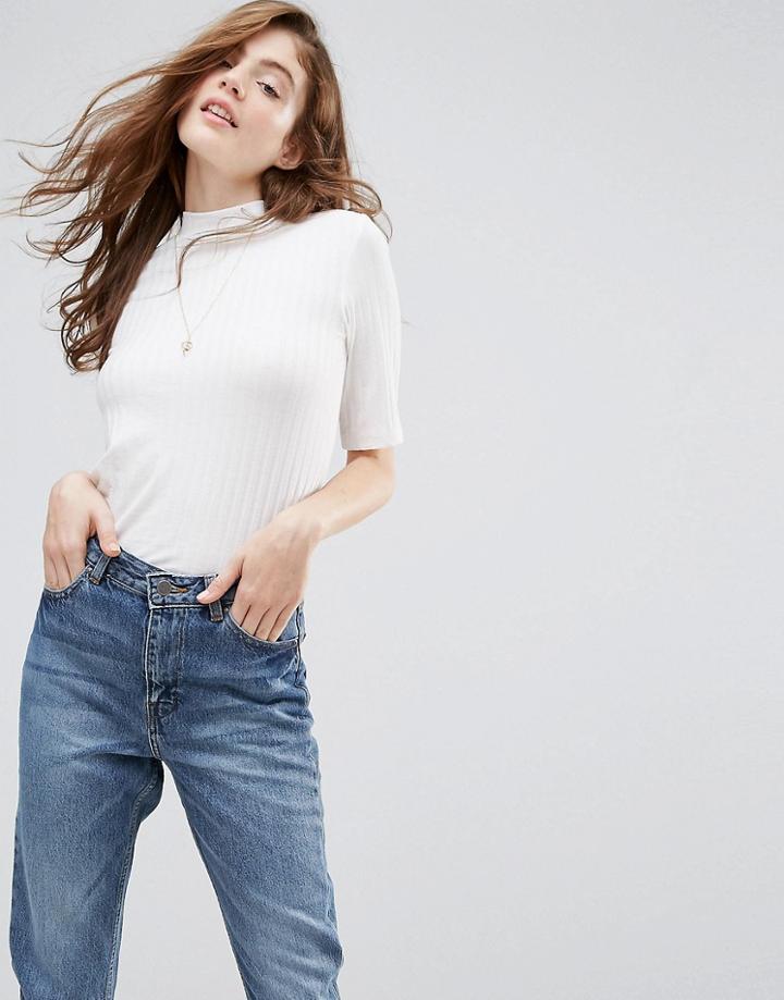 Pieces Ribbed Turtleneck Top - White