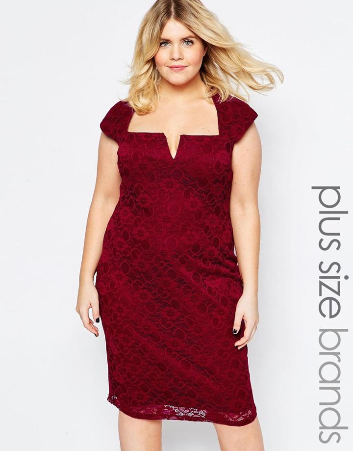 Goddiva Plus Lace Dress With Cut Out Neckline - Red