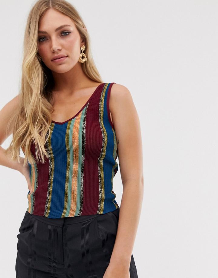 Mango Striped V Neck Top In Multi - Multi