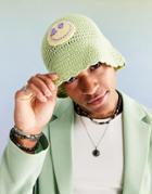 Asos Design Knit Bucket Hat In Green With Smiley