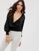 Asos Design Plisse Wrap Top With Shirred Cuff And Waist In Black
