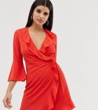 Outrageous Fortune Tall Ruffle Wrap Dress With Fluted Sleeve In Red