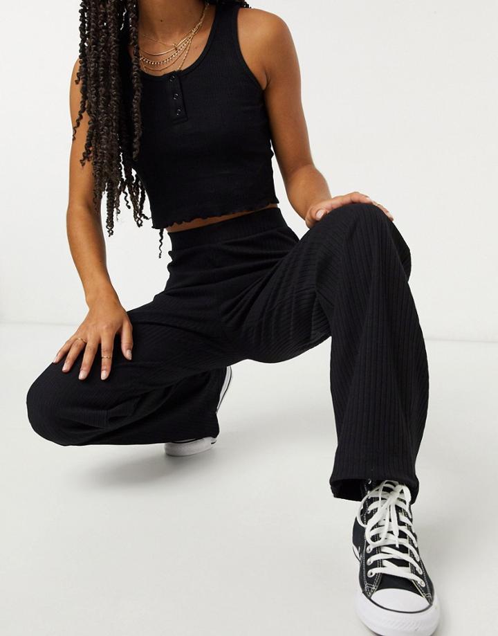 Monki Clara Organic Cotton Blend Ribbed Jersey Pants In Black