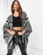 Vero Moda Wrap Poncho With Tassels In Black Mixed Check-multi