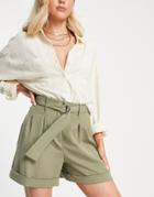 Asos Design Longline Shorts With D-ring Belt In Soft Khaki-green