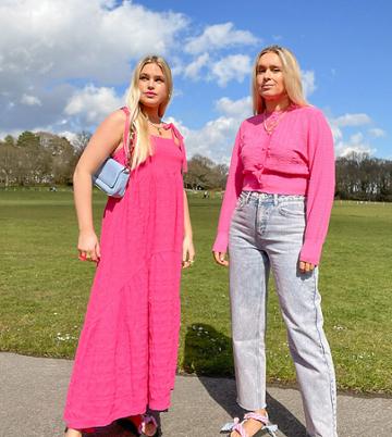 Labelrail X Olivia & Alice High Waist Straight Leg Jeans In Light Pink Acid Wash Denim