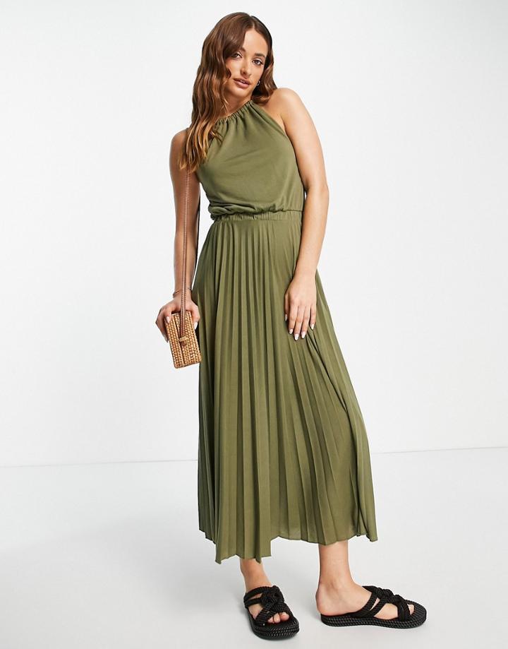 Asos Design Strappy Pleated Midi Dress In Khaki-green