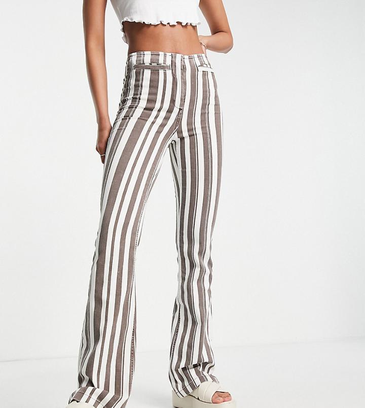 Topshop Tall High Rise Striped Print Flared Pants With Front Pockets In Chocolate-multi