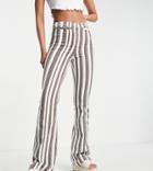 Topshop Tall High Rise Striped Print Flared Pants With Front Pockets In Chocolate-multi