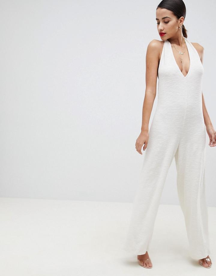 Asos Design Halter Neck Jumpsuit In Textured Jersey - Beige