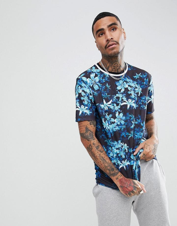 Asos Design Relaxed T-shirt In Floral With Tipped Rib - Black