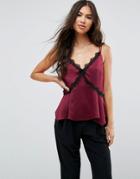 Asos Glam Satin Cami With Lace Detail - Red