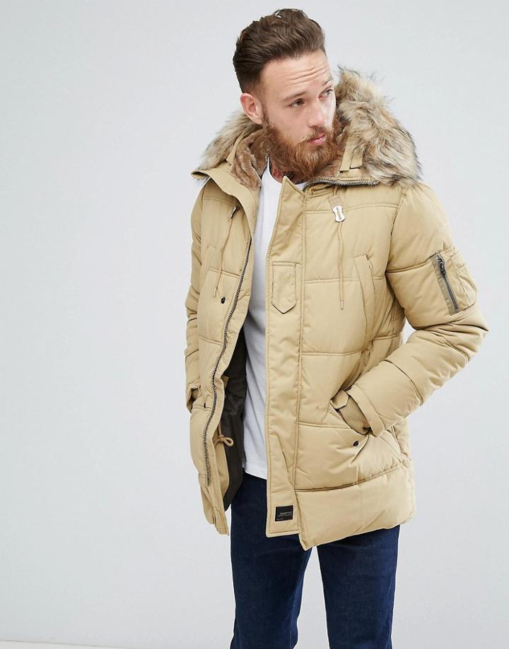 Schott Snork Quilted Parka Hooded Detachable Faux Fur Trim In Beige - Beige