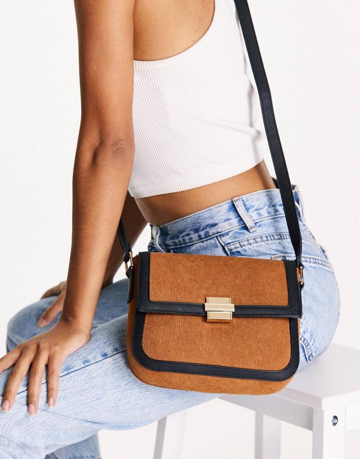 Asos Design 70s Cross Body Bag With Lock Detail In Brown Cord