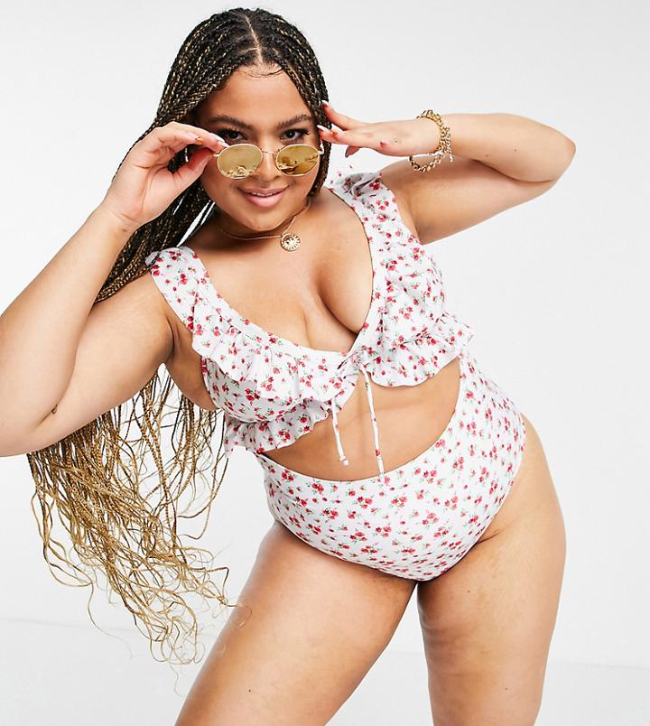 Peek & Beau Curve Exclusive Cut Out Frill Swimsuit In Red Floral Print