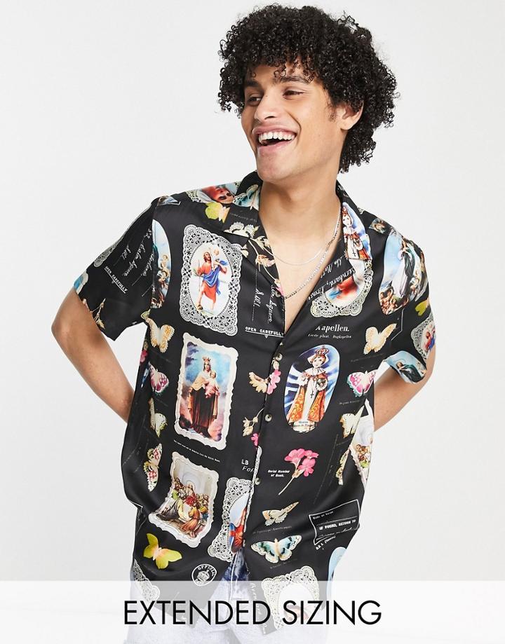 Asos Design Relaxed Revere Satin Shirt In Renaissance Print-black