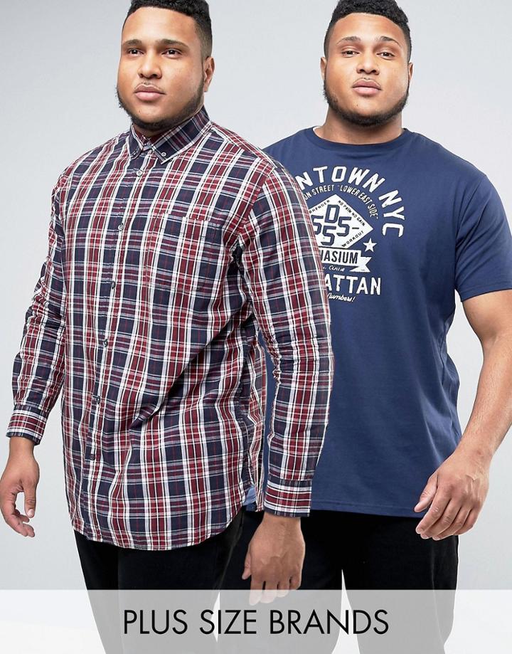 Duke Plus Check Shirt And T-shirt Pack In Burgundy - Multi