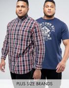 Duke Plus Check Shirt And T-shirt Pack In Burgundy - Multi