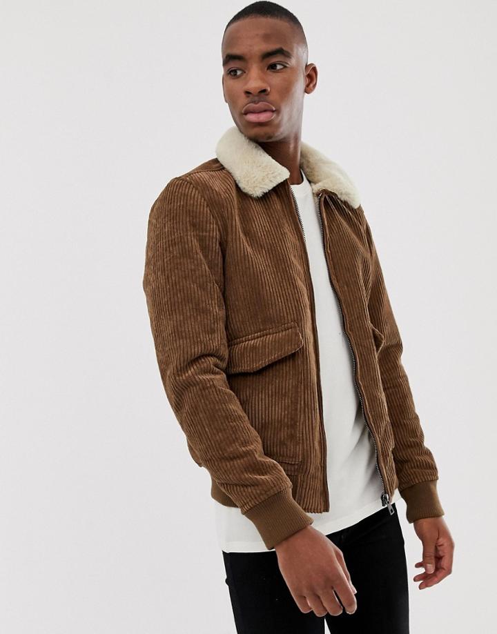 Pull & Bear Cord Jacket With Faux Fur Collar In Tan - Tan