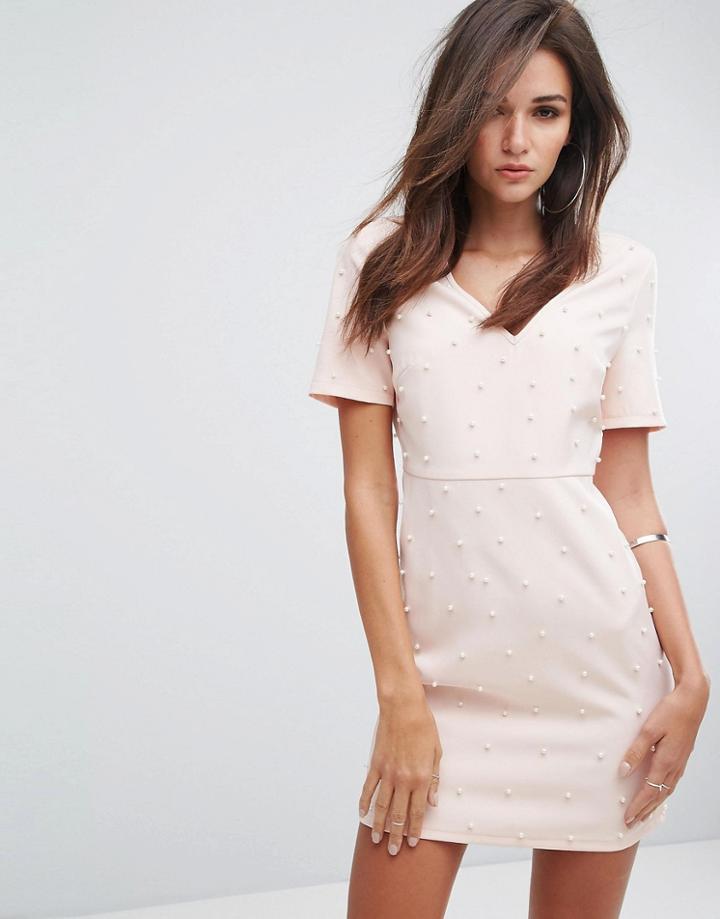 Fashion Union V Neck Bodycon Dress With Pearl Embellishment - Pink