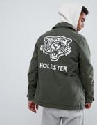 Hollister Twill Military Overshirt Jacket Back Logo Print In Olive Green - Green