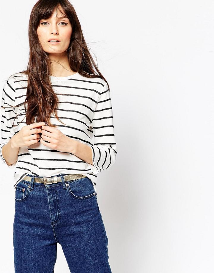 Asos Top In Stripe With Long Sleeves - Cream