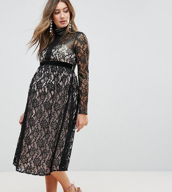 Little Mistress Maternity Allover Cutwork Lace Midi Dress-black