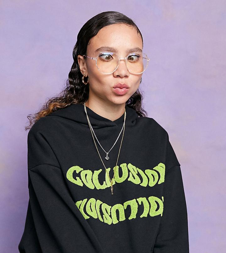Collusion Hoodie With Fuzzy Applique Graphic In Black