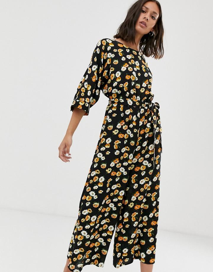 Asos Design Tie Waist Jumpsuit In Yellow Ditsy Floral Print-multi