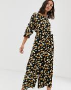 Asos Design Tie Waist Jumpsuit In Yellow Ditsy Floral Print-multi