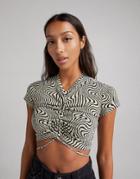 Bershka Ruched Front Retro Print Crop Top In Green