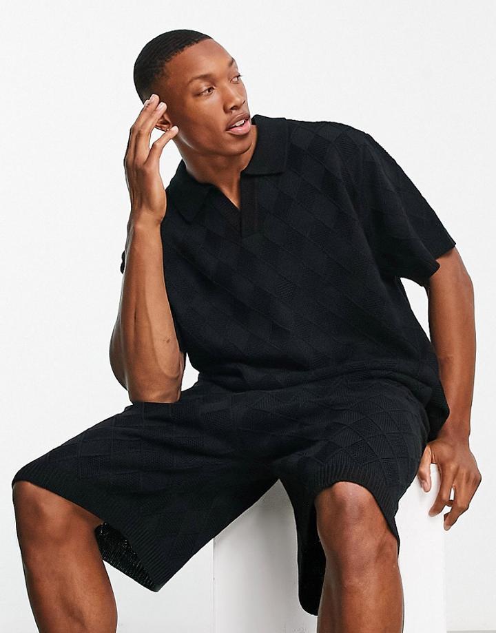 Topman Jacquard Knit Camp Collar Polo In Black - Part Of A Set-navy