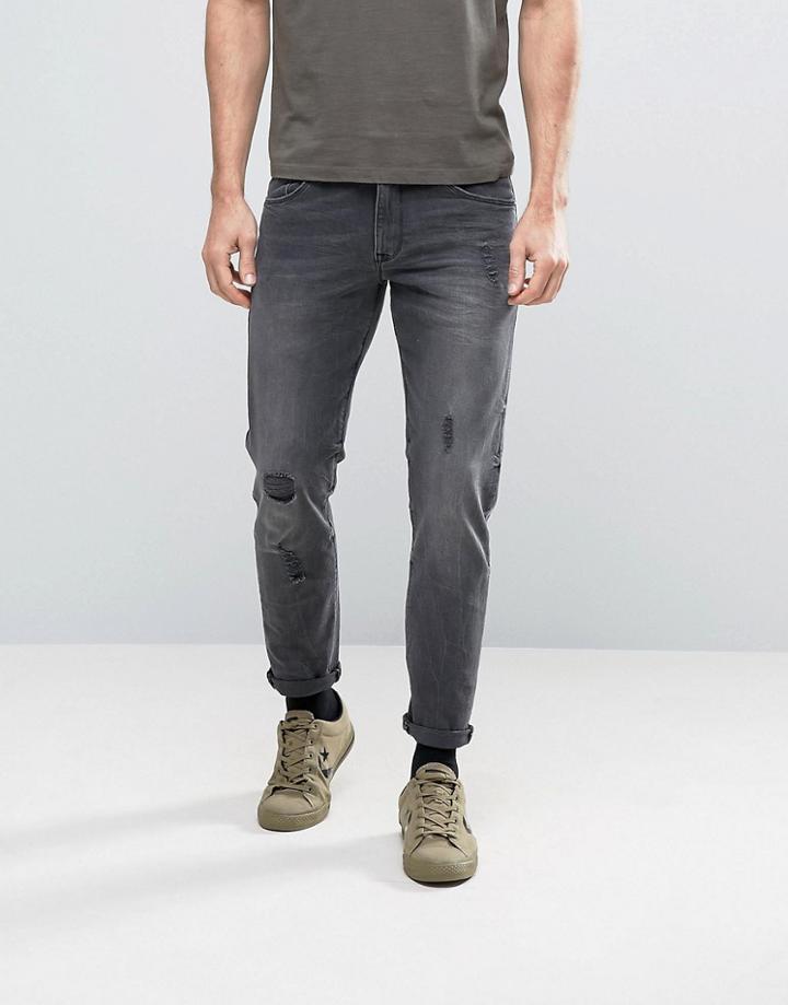 Asos Stretch Slim Jeans In Washed Black With Distressing - Black