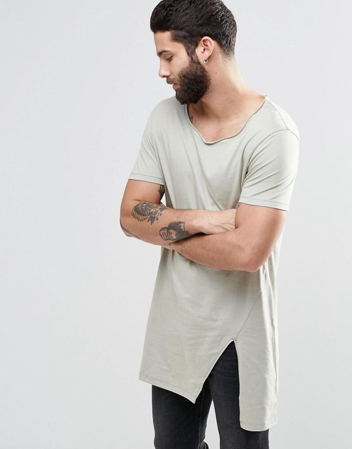 Asos Super Longline T-shirt With Split Hem With Raw Finish And Scoop Neck In Grey - London Fog
