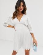 Asos Design Pleated Mini Dress With Batwing Sleeves - White