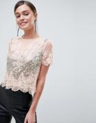 Asos Design T-shirt With All Over Sequins & Pretty Lace Detail In Pink - Pink