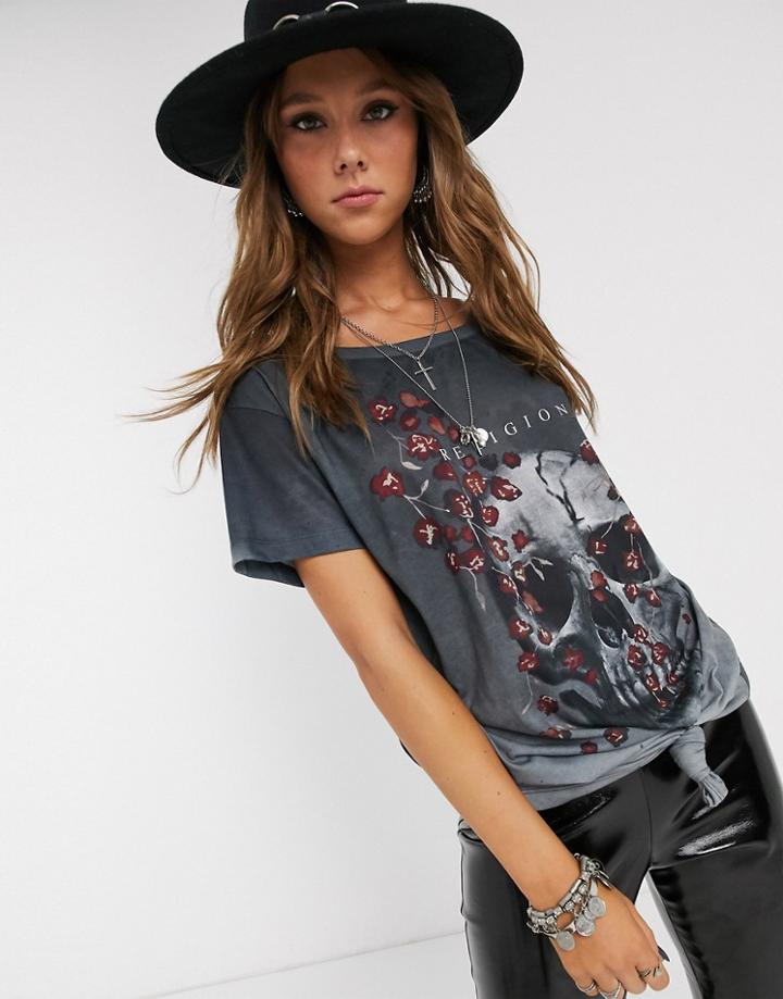 Religion Dark T Shirt With Skull Print-gray